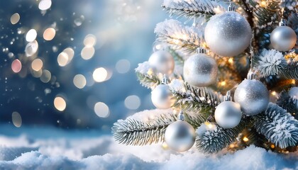 A serene snowy Christmas tree adorned with frosted ornaments creating a magical winter wonderland atmosphere under soft, twinkling lights at dusk. Generative AI