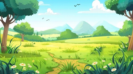 Adorable Cartoon Grassland Background: A Charming and Whimsical Scene. Delight in the Colorful and Fun Atmosphere