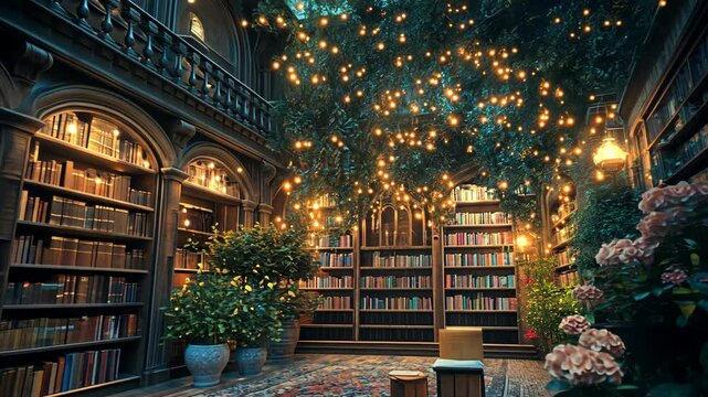 A magical library courtyard, illuminated by twinkling lights, offers a cozy space to read and relax