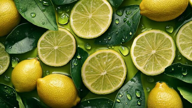 Freshly cut lemons and limes are arranged with leaves and water droplets on a green surface