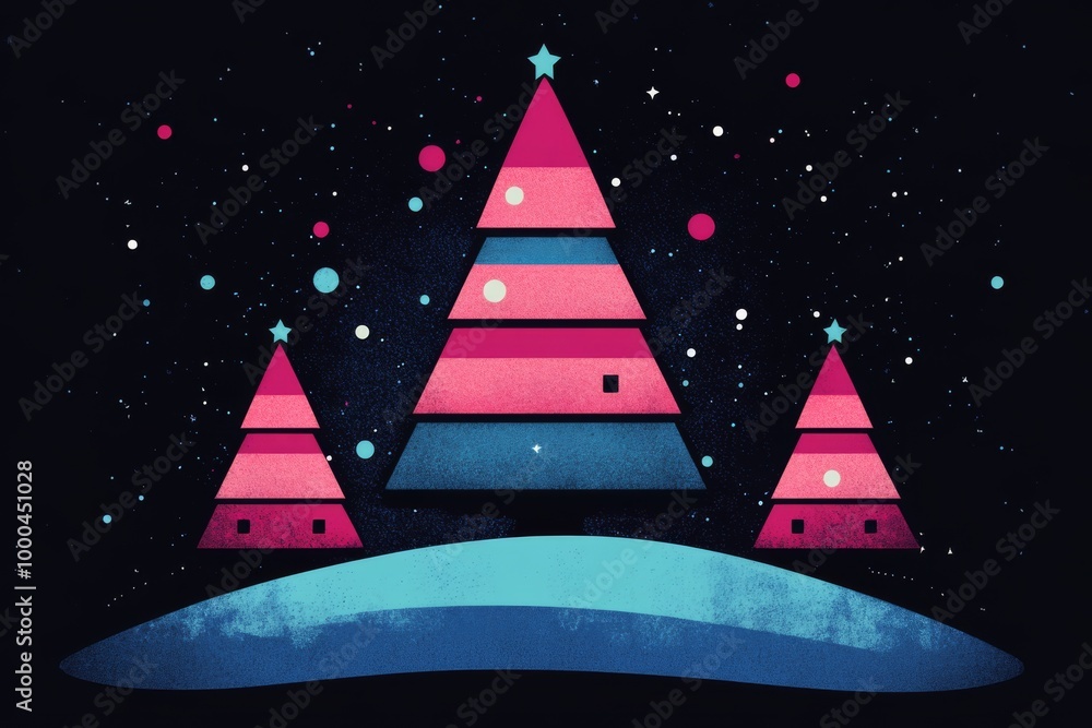 Poster pink and blue abstract christmas trees with polka dots set against a dark background emphasizing a m