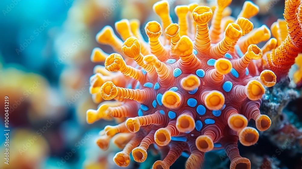 Poster abstract colorful coral polyp macro shot with focus on textured surface