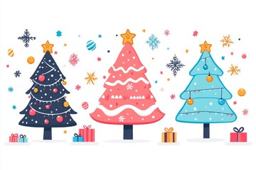 Obraz premium Cute Christmas trees decorated with ornaments and presents set against a snowy city backdrop creating a playful holiday scene filled with seasonal joy and charm