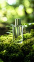 Unlabelled cosmetic bottle on green moss