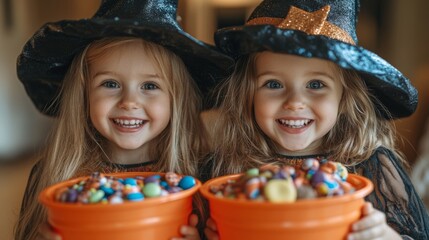 Smiling Children in Witch Hats with Candy Buckets Celebrating Halloween Outdoors