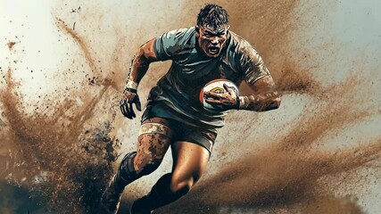 A rugby player runs with the ball, kicking up dirt as he races down the field - Powered by Adobe