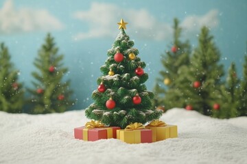 Christmas tree surrounded by gift boxes in a snowy outdoor landscape highlighting the festive joy and excitement of the holiday season with bright decorations