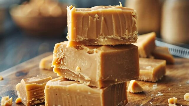 A stack of fudge sits on a wooden cutting board, ready to be enjoyed