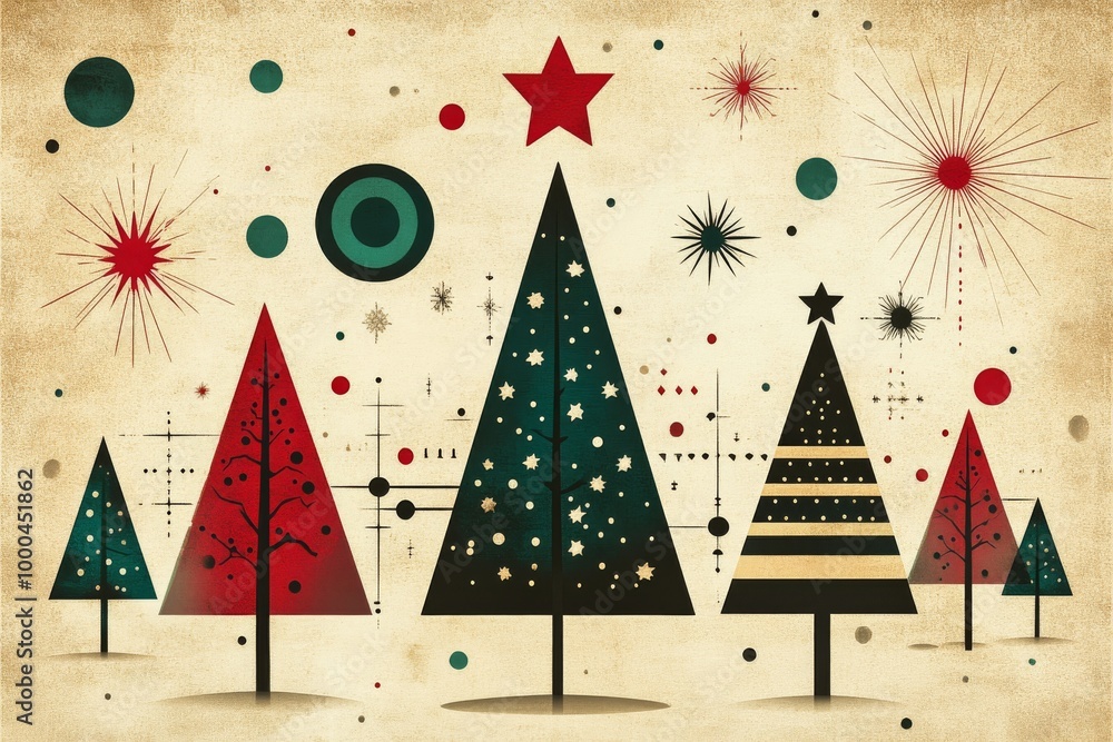 Poster retro christmas tree design with simple geometric shapes and stars on a textured beige background em