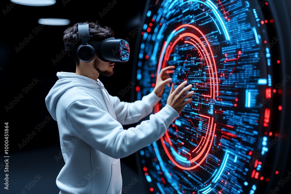 Poster hacker in a virtual reality environment, standing before a giant digital firewall, manipulating data