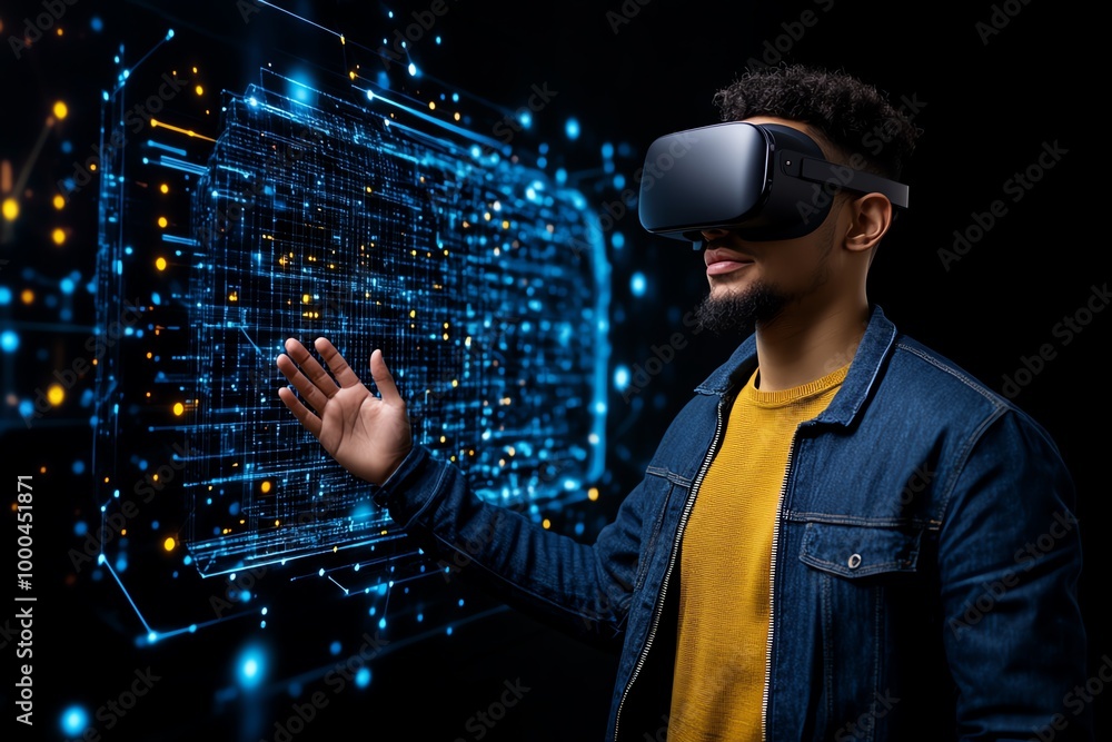 Poster hacker in a virtual reality environment, standing before a giant digital firewall, manipulating data