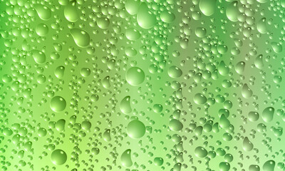 Water drops on green background. Realistic bubbles of soda drink or condensation abstract texture. smooth circles.