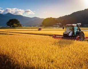 Obraz premium 広がる田園風景の中で、収穫が始まったばかりの稲穂が黄金色に輝いている。トラクターがゆっくりと畑を耕し、農家の人たちが楽しそうにかごに果物を詰めている姿