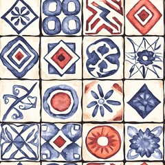 Fototapeta premium Watercolor painted seamless pattern of blue, red, and white tiles