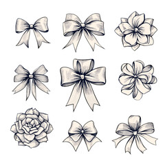 Elegant vector illustration of various decorative bows and floral designs arranged in a grid