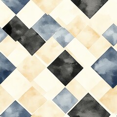 Fototapeta premium Abstract geometric watercolor pattern with blue, black, and beige squares.