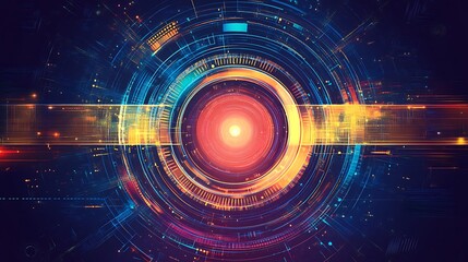 Fototapeta premium Abstract digital background with glowing rings and bright light in the center.