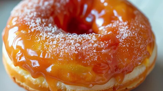 A close-up of a glazed peach donut topped with orange icing and powdered sugar.