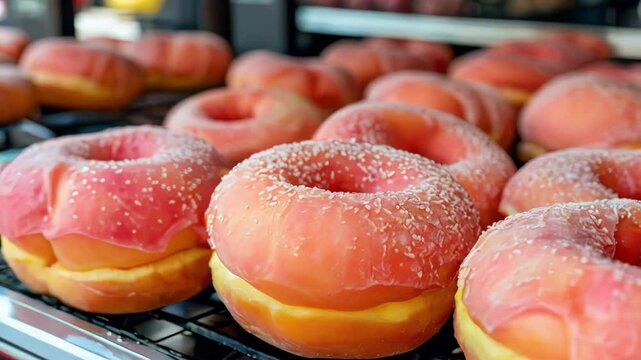 A close-up view of peach donuts with icing and sprinkles on display.