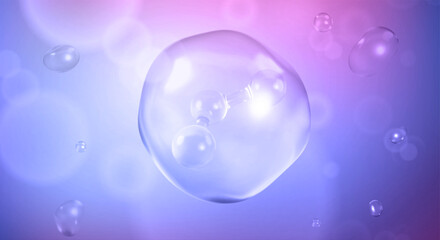 Molecules inside bubbles on blue background. Water serum bubble. Cosmetic essence. Concept skin care cosmetics solution. Vector 3d illustration