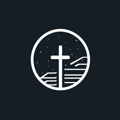 Obraz premium Stylized vector icon of a cross surrounded by hands and stars in a circular design on a dark background 