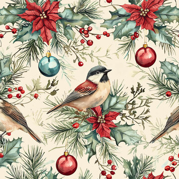  A seamless pattern with watercolor picaflor birds, their feathers blending into delicate holly leaves and red berries