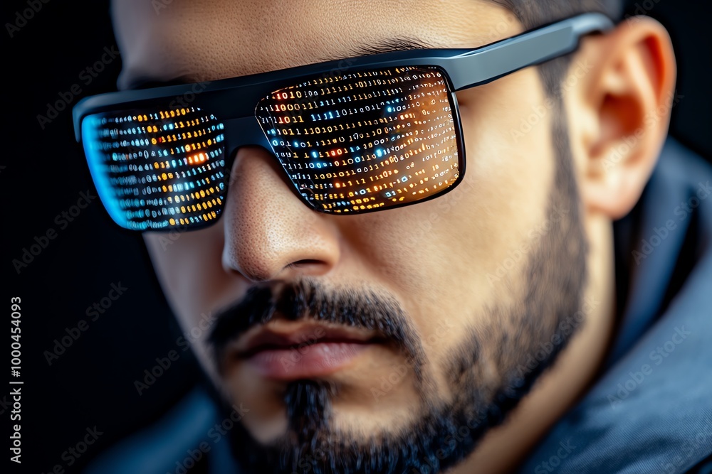 Aufkleber Hacker with encrypted data streaming through their glasses, the reflections of binary code and system breaches on the lenses showing deep focus on cyber intrusion