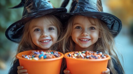 Smiling Children in Witch Hats with Candy Buckets Celebrating Halloween Outdoors