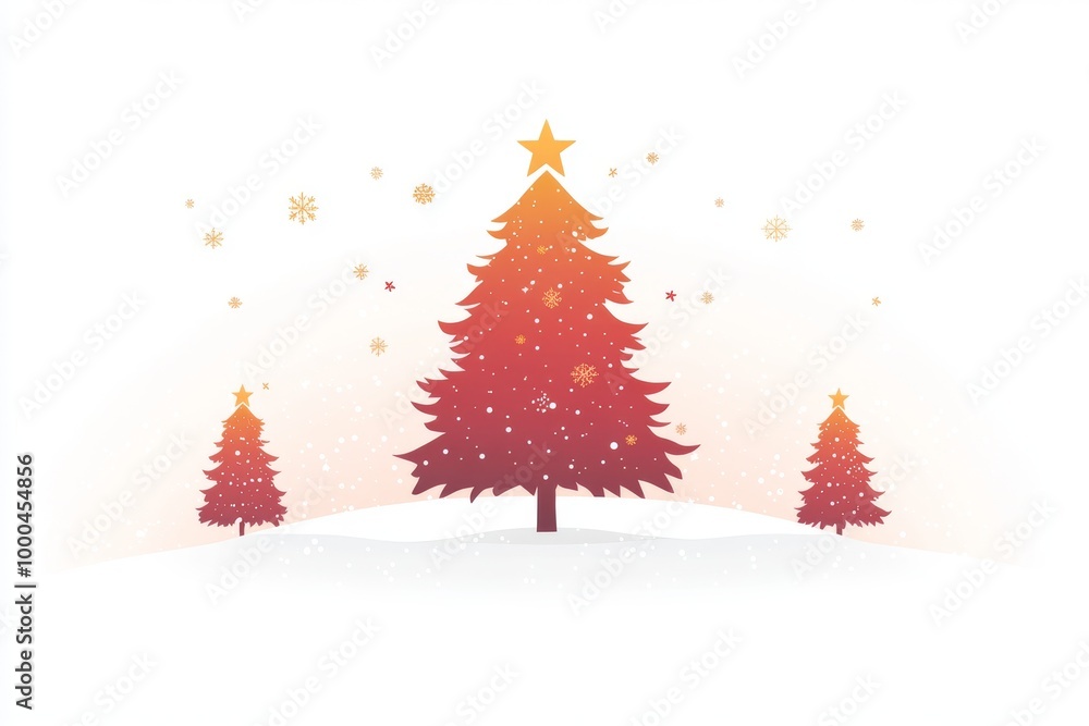Poster red christmas tree with golden star and smaller trees in the background set in a snowy scene with so