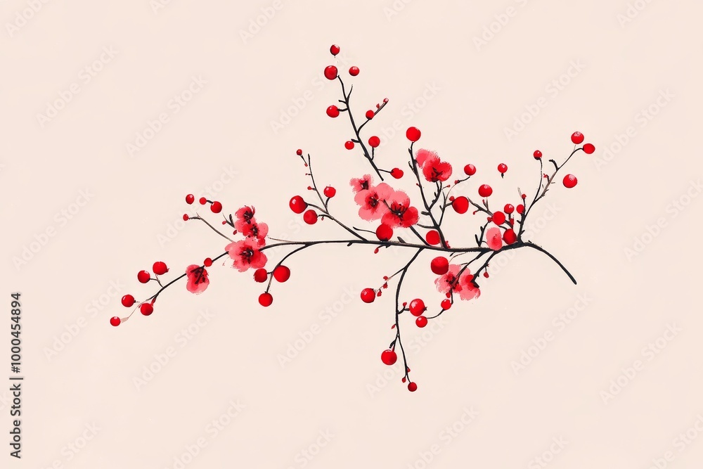 Poster minimalist branch with red berries set against a soft beige background creating a simple and elegant