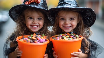 Smiling Children in Witch Hats with Candy Buckets Celebrating Halloween Outdoors