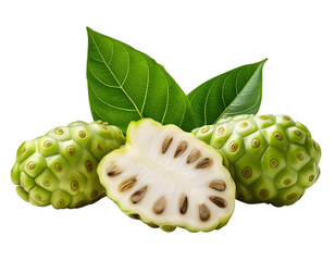 Morinda Citrifolia fruits with sliced and green leaf isolated on transparent background