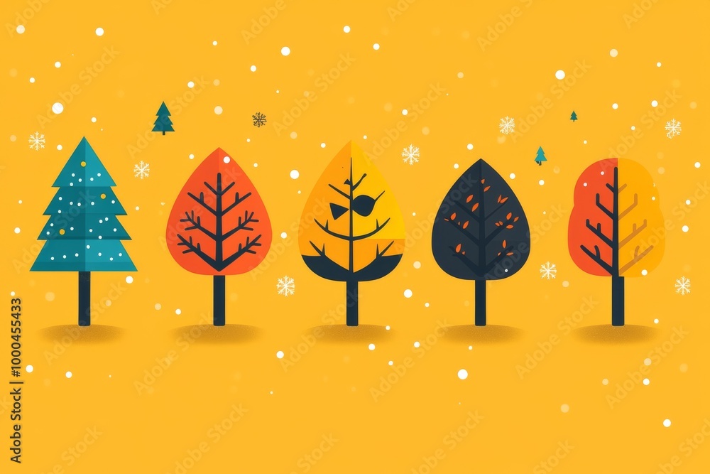 Poster stylized trees with colorful leaves in a snowy landscape blending autumn and winter elements to crea