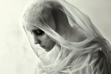 A historical ghost, isolated on white, with transparent features and a haunting gaze