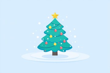 Obraz premium Playful Christmas tree illustration with snow covered branches set against a soft blue background with snowfall capturing the joy and charm of winter