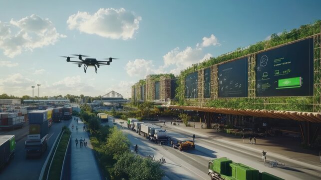 A logistics hub where goods are transported by electric vehicles and drones, surrounded by greenery and sustainable architecture, with digital screens displaying real-time carbon footprint reductions