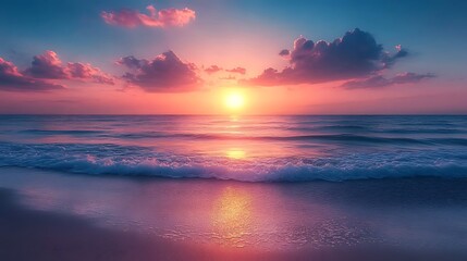 Fototapeta premium Pink and blue sunset over ocean waves. Beautiful seascape.