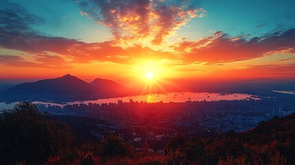 Naklejka premium Vibrant Sunrise Over Mountains and River