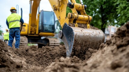Fototapeta premium Earth mover: excavator at work, strength and engineering of construction equipment it carves out terrain, pivotal in site preparation and infrastructure development