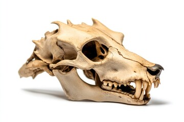 A wolf skull, isolated on a white background, sharp details of its fangs and bone structure