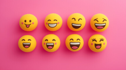 Fototapeta premium emotional, mood, positive emotions concept: yellow balls with various cheerful expressions: one with a big smile, another with eyes closed in laughter, a third with a wide open mouth laughing