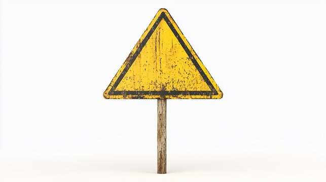 Rusty yellow triangle warning sign on a wooden post