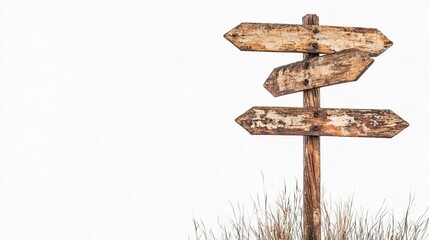 Wooden signpost with blank arrows pointing different directions.