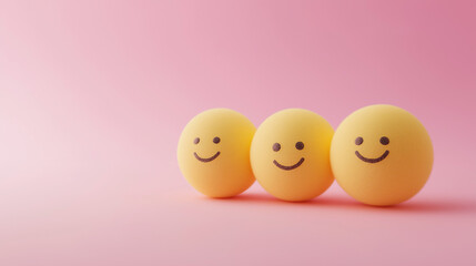 emotional, mood, gratitude concept: three yellow balls with gentle, appreciative expressions arranged in a slightly inclined, interconnected pattern against an isolated soft pink background