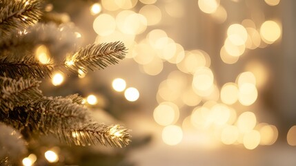 Soft bokeh of Christmas tree lights illuminating a cozy indoor setting in warm white and beige...