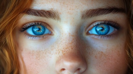 Fototapeta premium Close up of woman's blue eyes with freckles and soft lighting. Beauty, innocence, and human connection