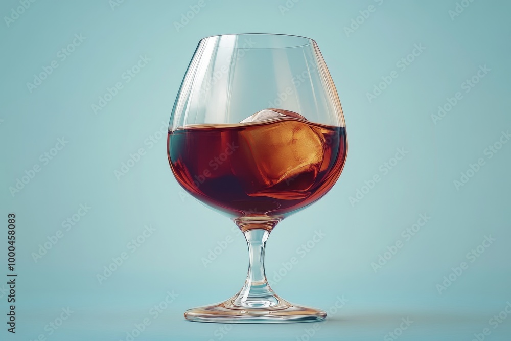 Aufkleber glass of brandy on a light blue background featuring a single large ice cube capturing a minimalist 