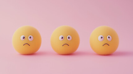 emotional, mood, crying out of sadness concept: three yellow balls with teary eyes and deeply frowning faces arranged in a distant, disconnected pattern against an isolated soft pink background