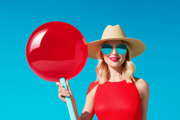 The slim blonde woman in a hat and sunglasses posing for a selfie in a red swimsuit
