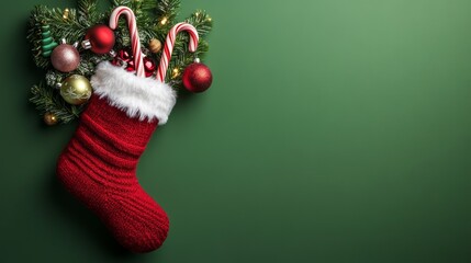 Colorful Christmas stocking filled with candy canes and ornaments against a green background, perfect for festive celebrations